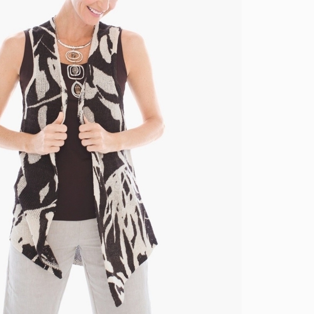 Chico's Black Cream Floral Sleeveless Knit Cardigan Vest Women's XS Linen Cotton